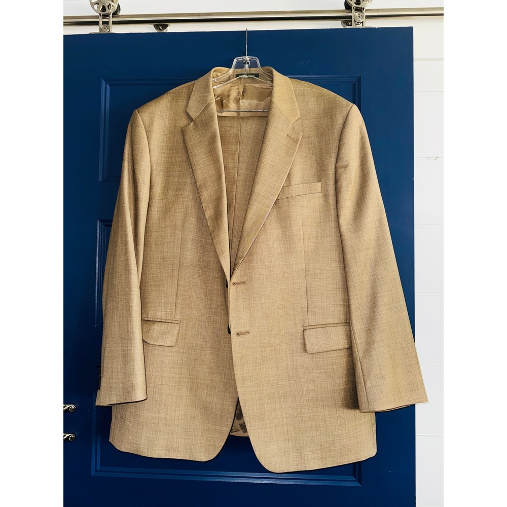Jos. A. Bank Blazer Mens 43L Tan Excellent Wool Silk Linen Windowpane Sport Coat